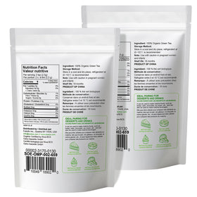Soeos Organic Matcha Powder two bags packaging shows resealable pouches for freshness.