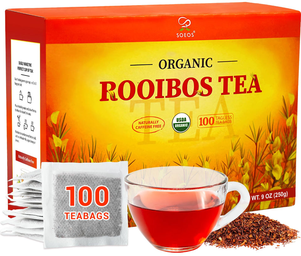 Soeos Organic Rooibos Tea bags ready for easy, soothing cups.