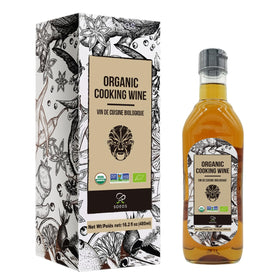 Soeos Organic Shaoxing wine bottle on display for authentic Chinese cooking.