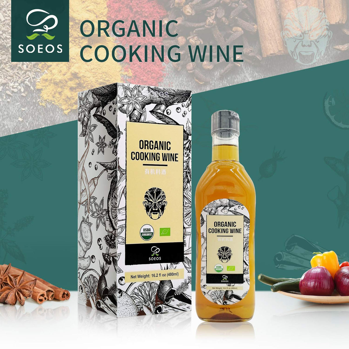 Soeos Organic Shaoxing wine in a kitchen scene ready for cooking.