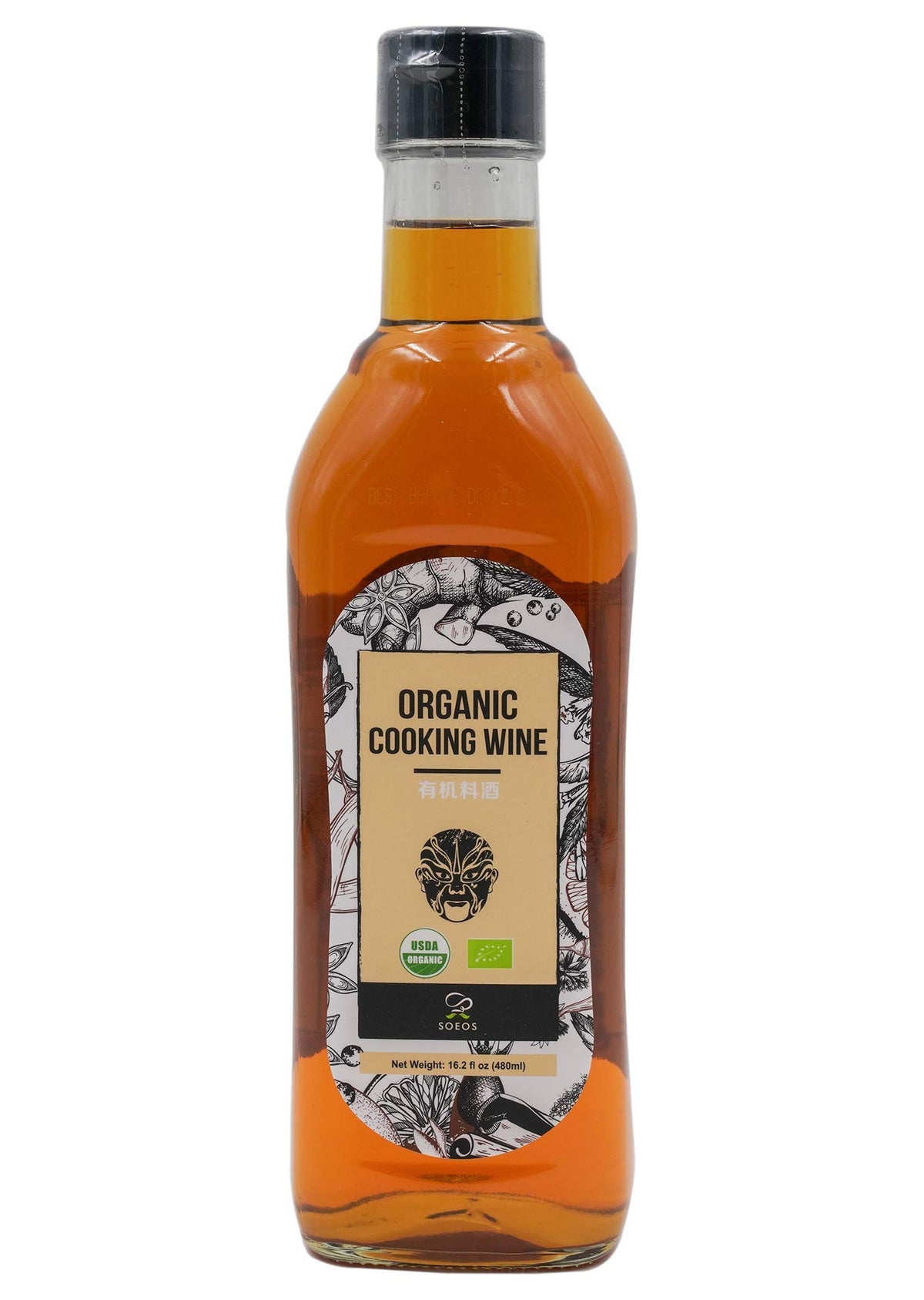 Soeos Organic Shaoxing wine label close-up showing USDA organic certification and additive-free quality.