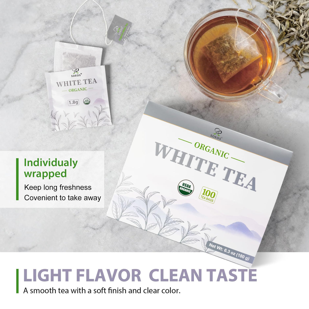 Soeos Organic White Tea ready for hot or iced tea preparation.