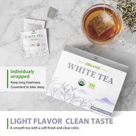 Soeos Organic White Tea ready for hot or iced tea preparation.