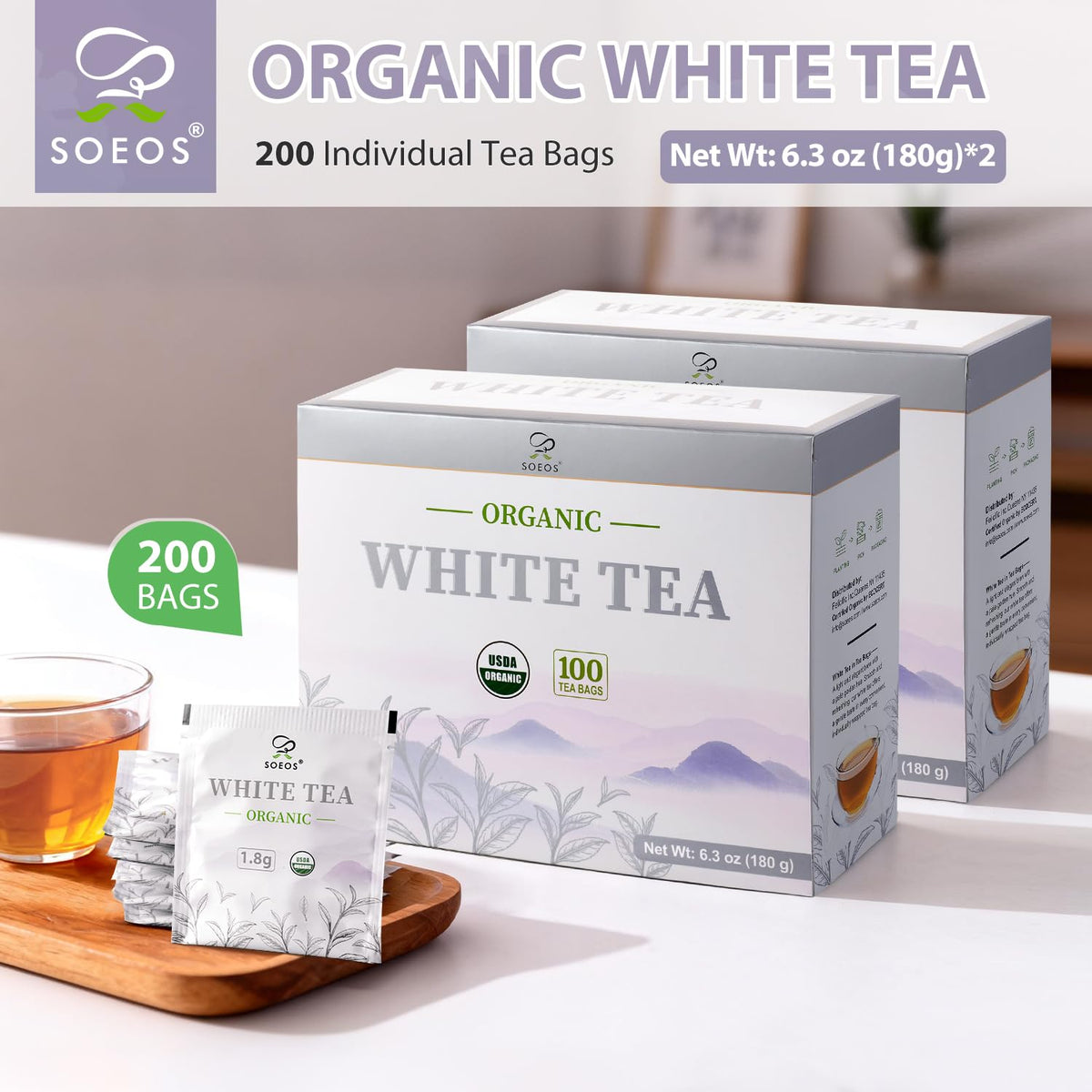 Soeos Organic White Tea individually wrapped bags preserve freshness and aroma.