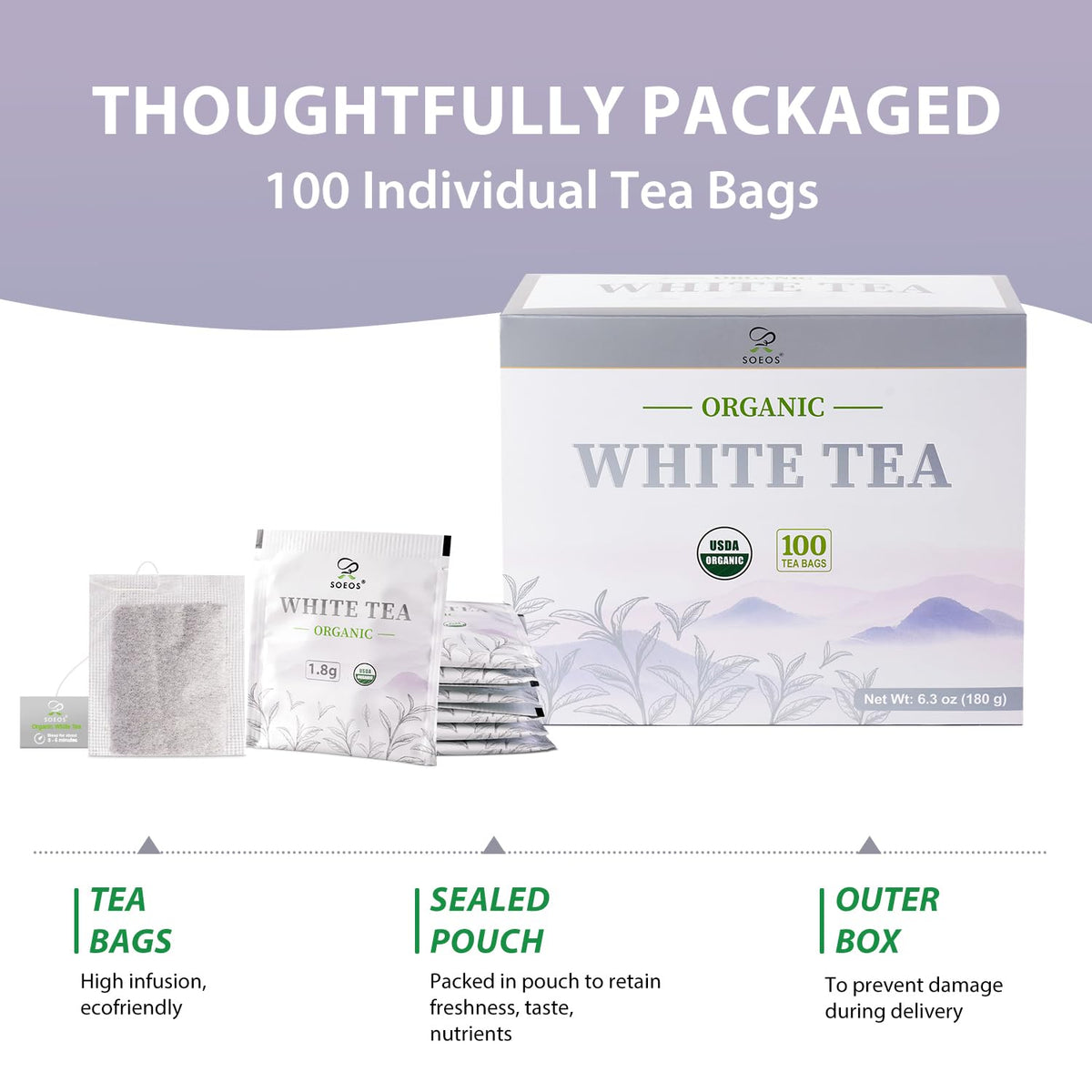 Soeos Organic White Tea steeping cup captures the delicate floral aroma.