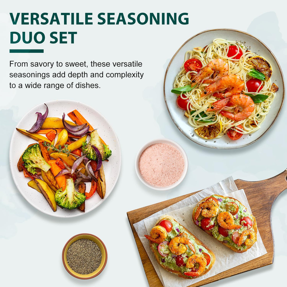 Soeos pink salt and pepper pairing enhances meat and vegetables.