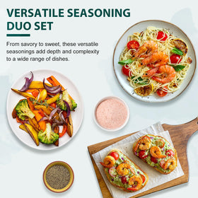 Soeos pink salt and pepper pairing enhances meat and vegetables.