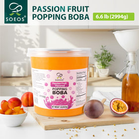 Closeup of bursting pearls revealing juicy passion fruit flavor.