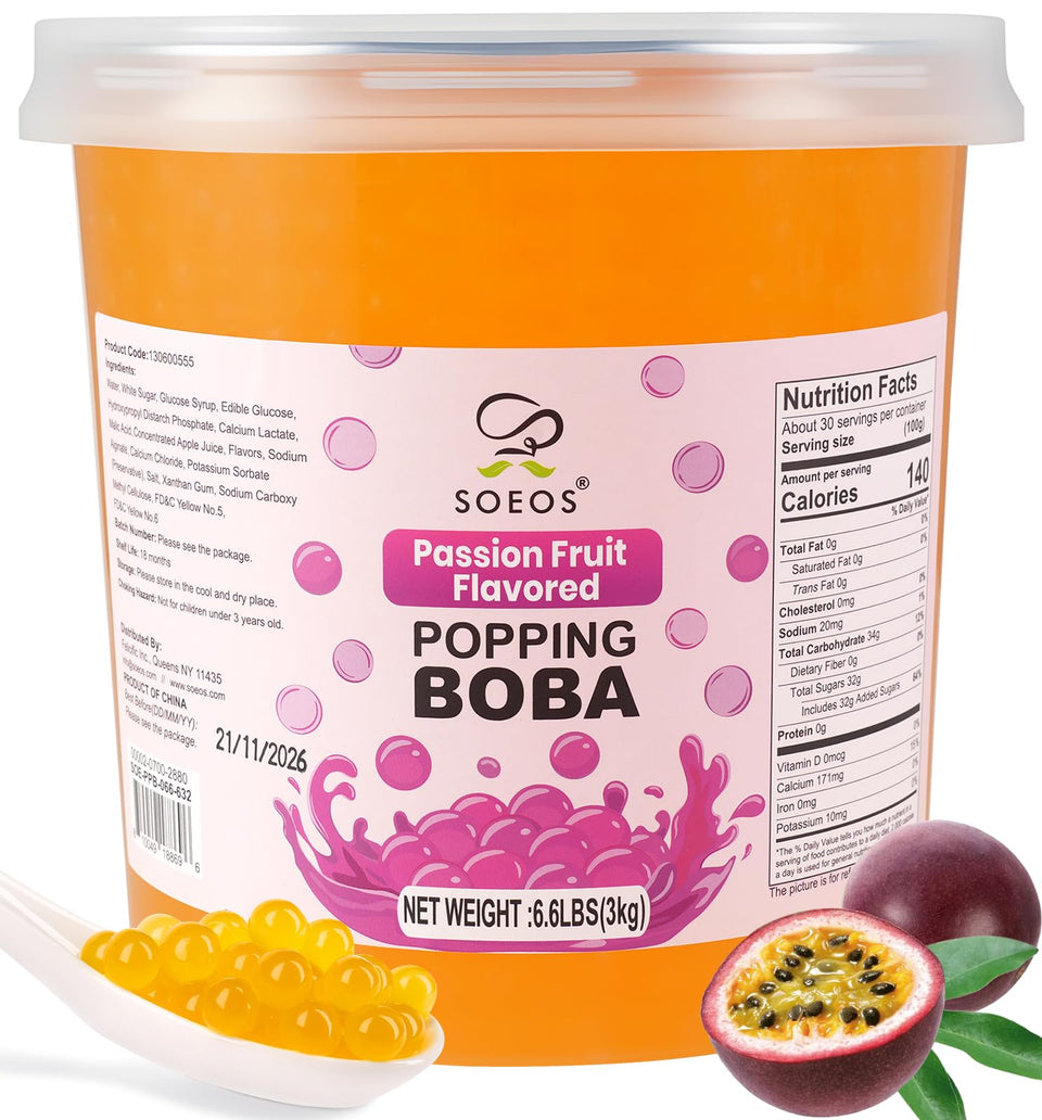 Soeos passion fruit popping boba pearls packaging—ready-to-use topping for drinks.