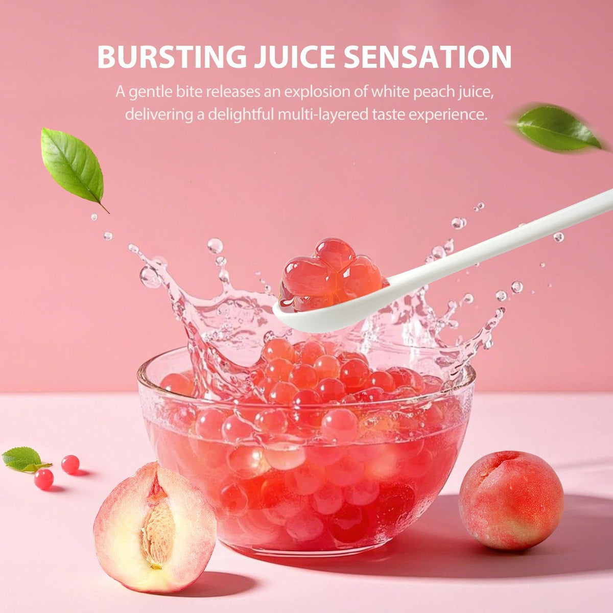 Soeos Peach Popping Boba pearls top yogurts and parfaits with color and crunch