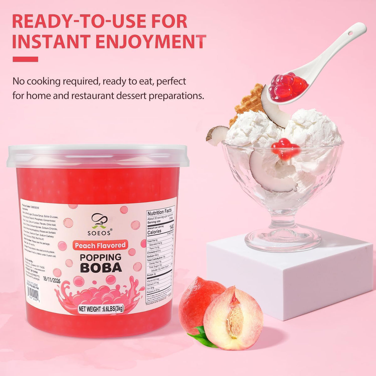 Soeos Peach Popping Boba shines in lemonades and mocktails with vibrant color