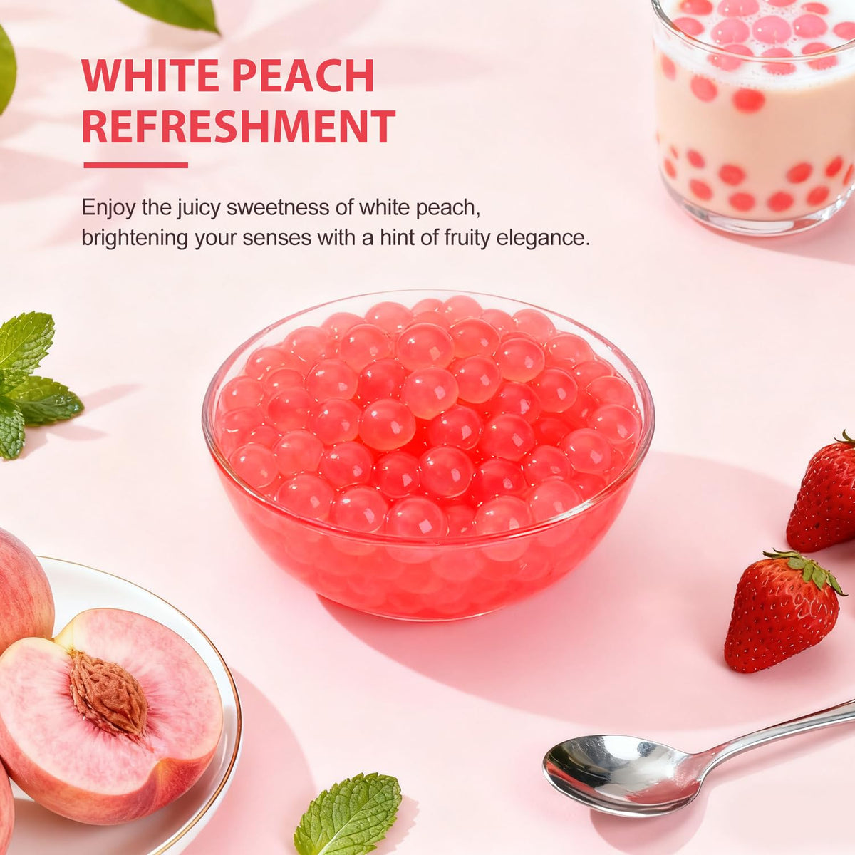 Soeos peach popping boba pearls being poured into a glass.
