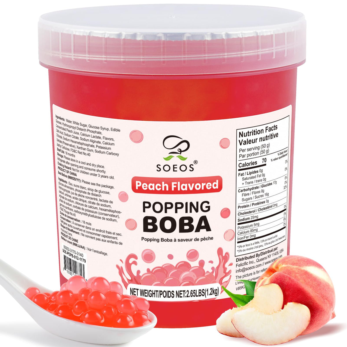 Soeos peach popping boba pearls in a tub, ready-to-use topping for drinks.