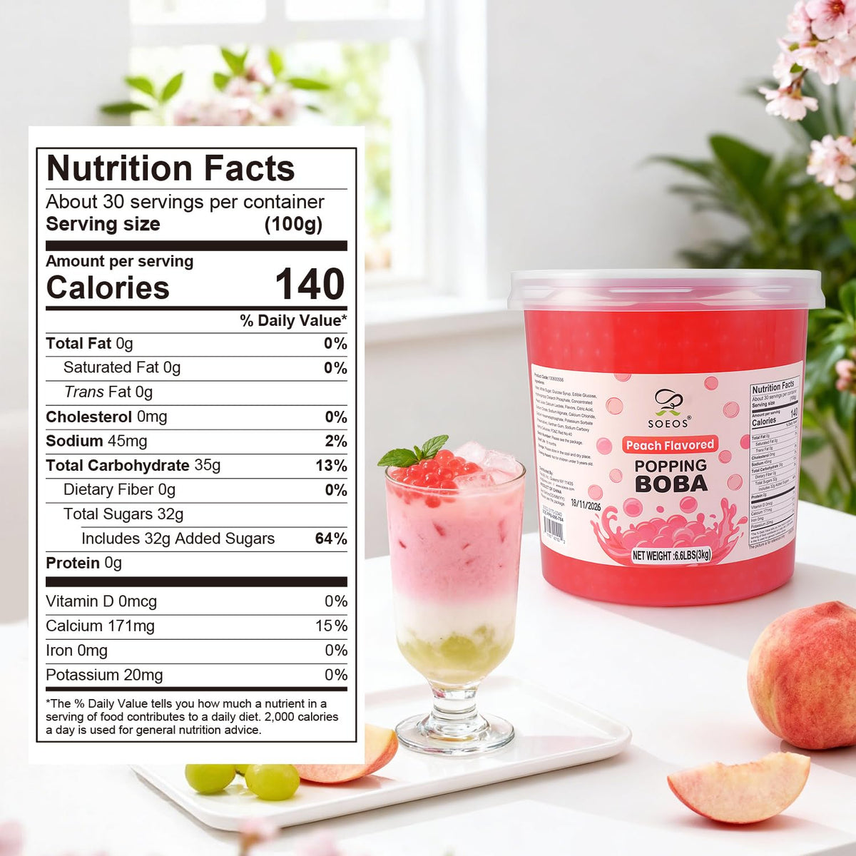 Soeos Peach Popping Boba enhances shaved ice and fruit bowls with juicy pops