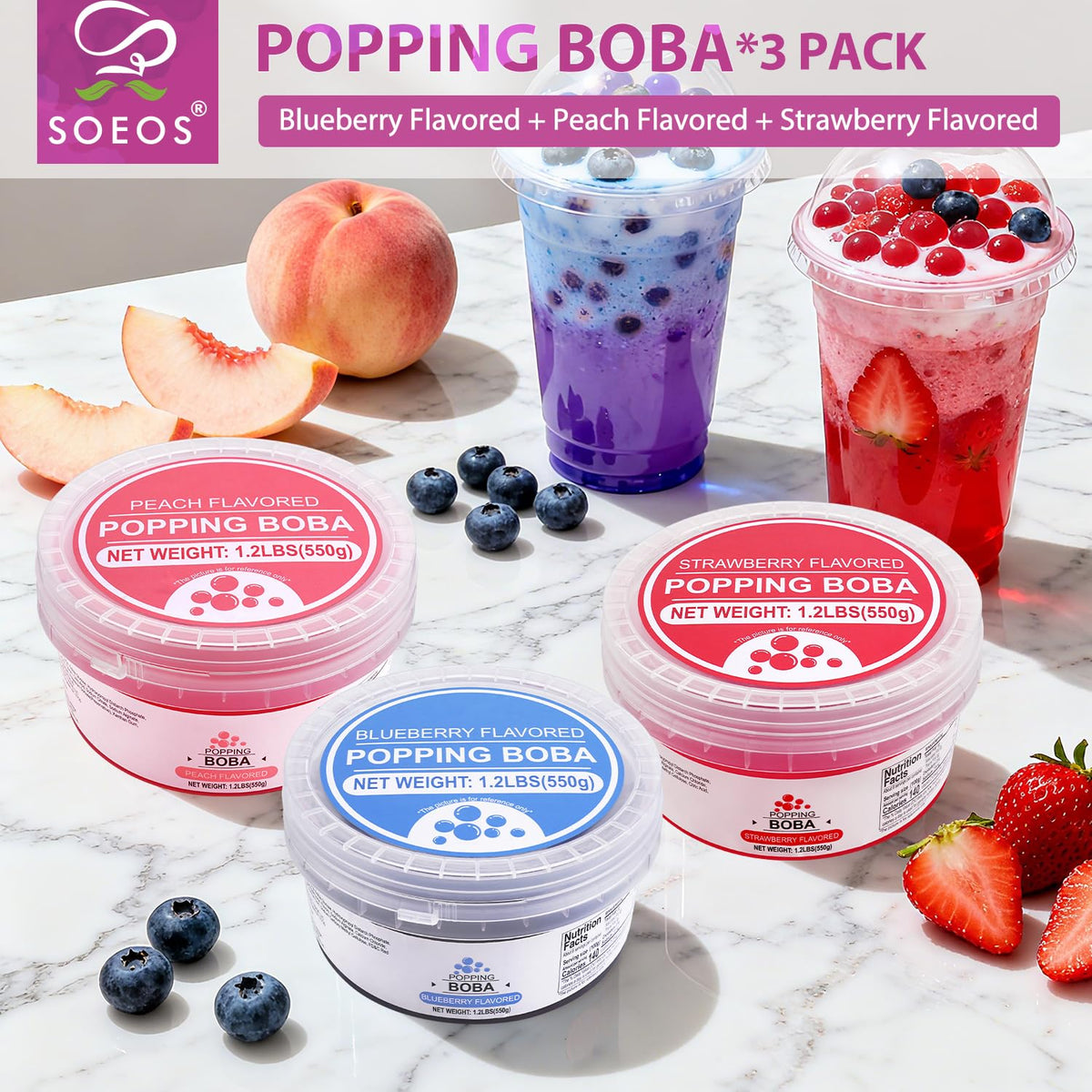Soeos popping boba blueberry pearls provide bright notes for desserts.
