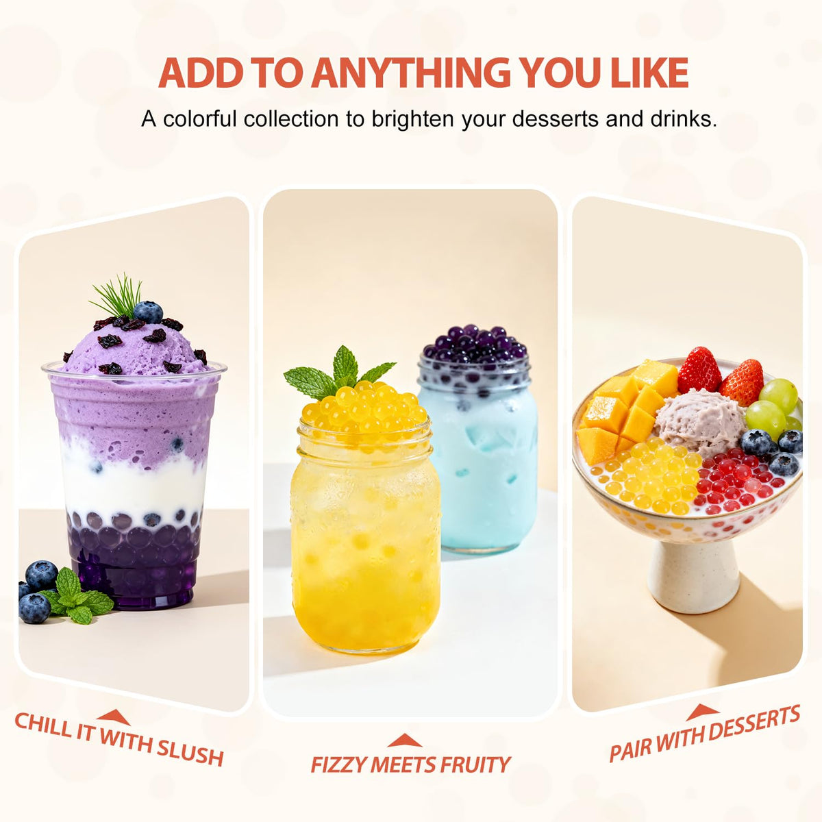 Soeos popping boba dessert-topping pearls add playful texture to treats.