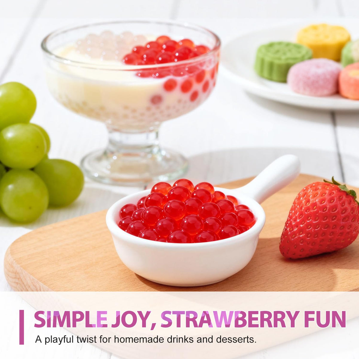 Soeos ready-to-use pearls are perfect as dessert toppings.