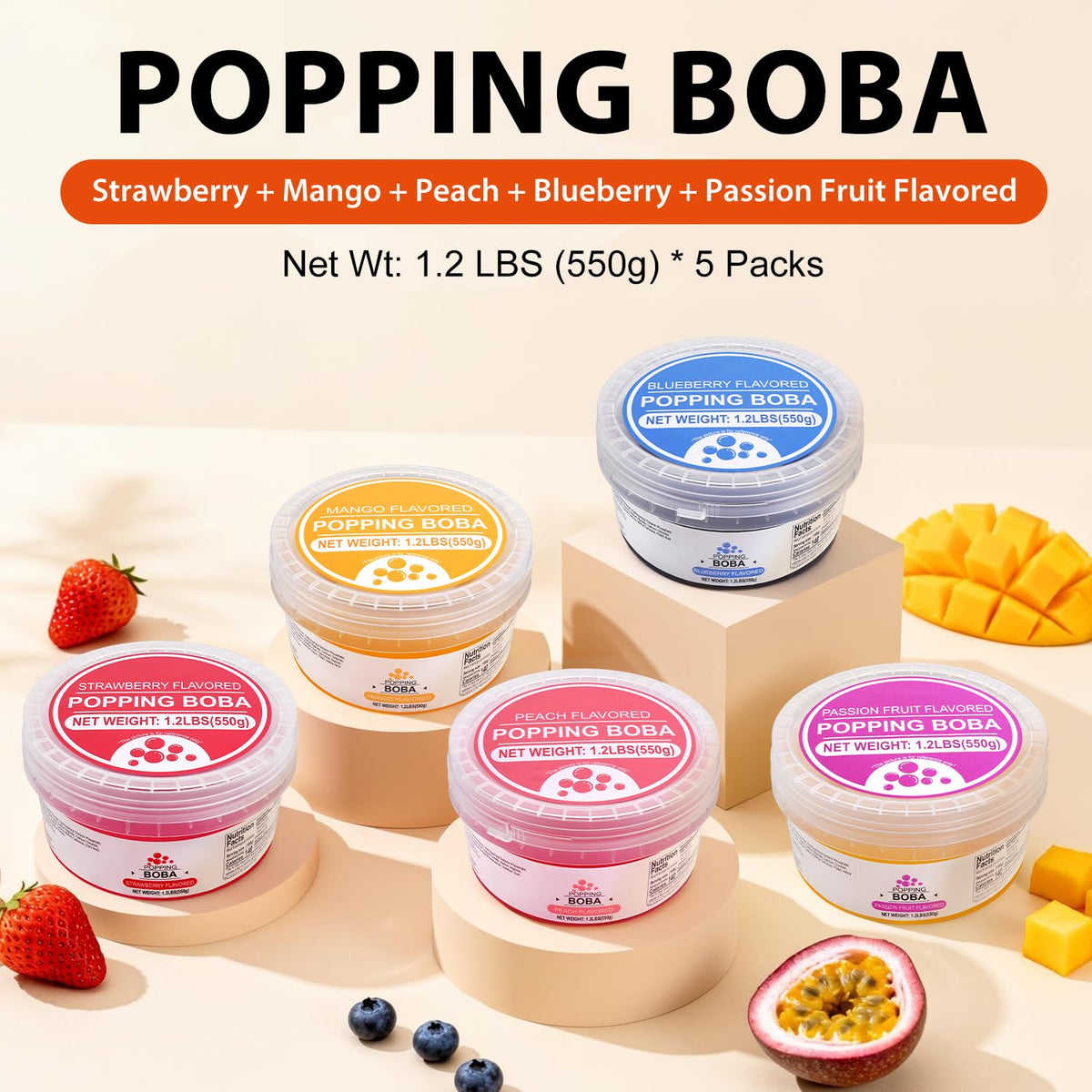 Soeos popping boba mango pearls bring tropical sweetness to drinks and toppings.