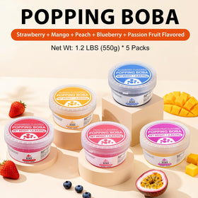 Soeos popping boba mango pearls bring tropical sweetness to drinks and toppings.