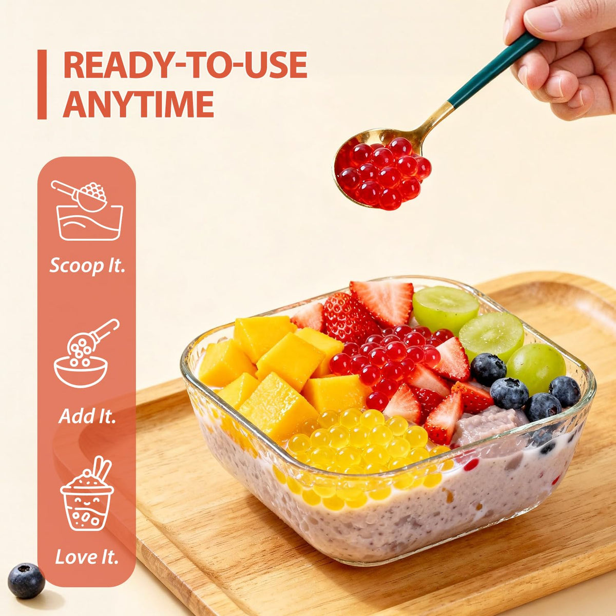 Soeos popping boba peach pearls brighten desserts with juicy pops.