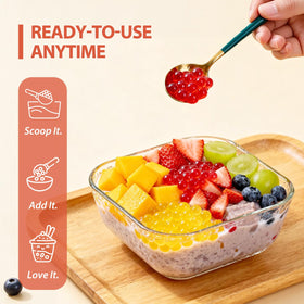 Soeos popping boba peach pearls brighten desserts with juicy pops.