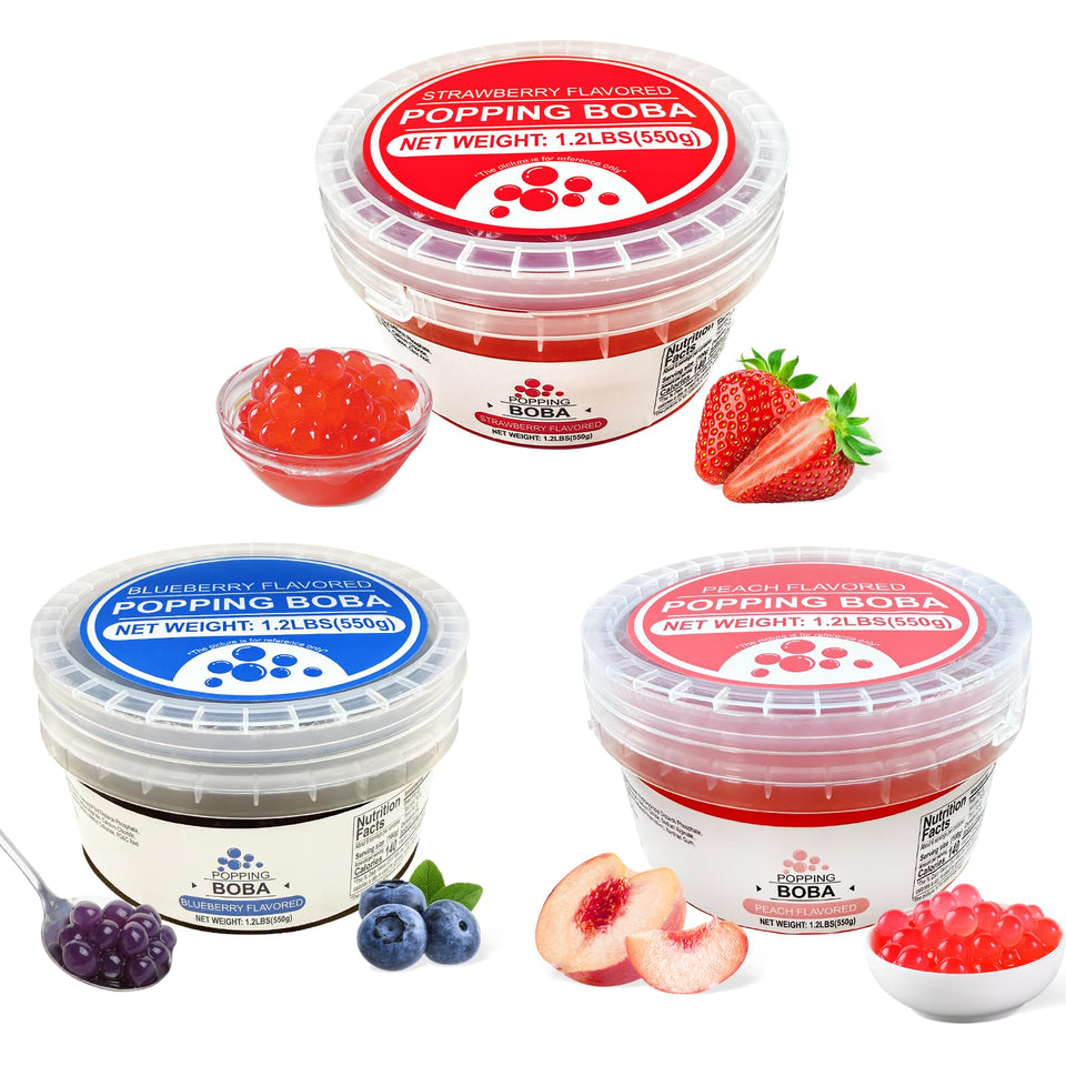 Soeos popping boba strawberry pearls add juicy flavor to drinks.