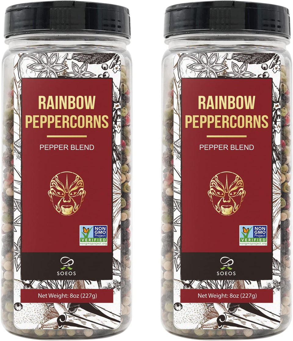 Soeos Rainbow Peppercorns Blend bottle ready for seasoning and tasting.