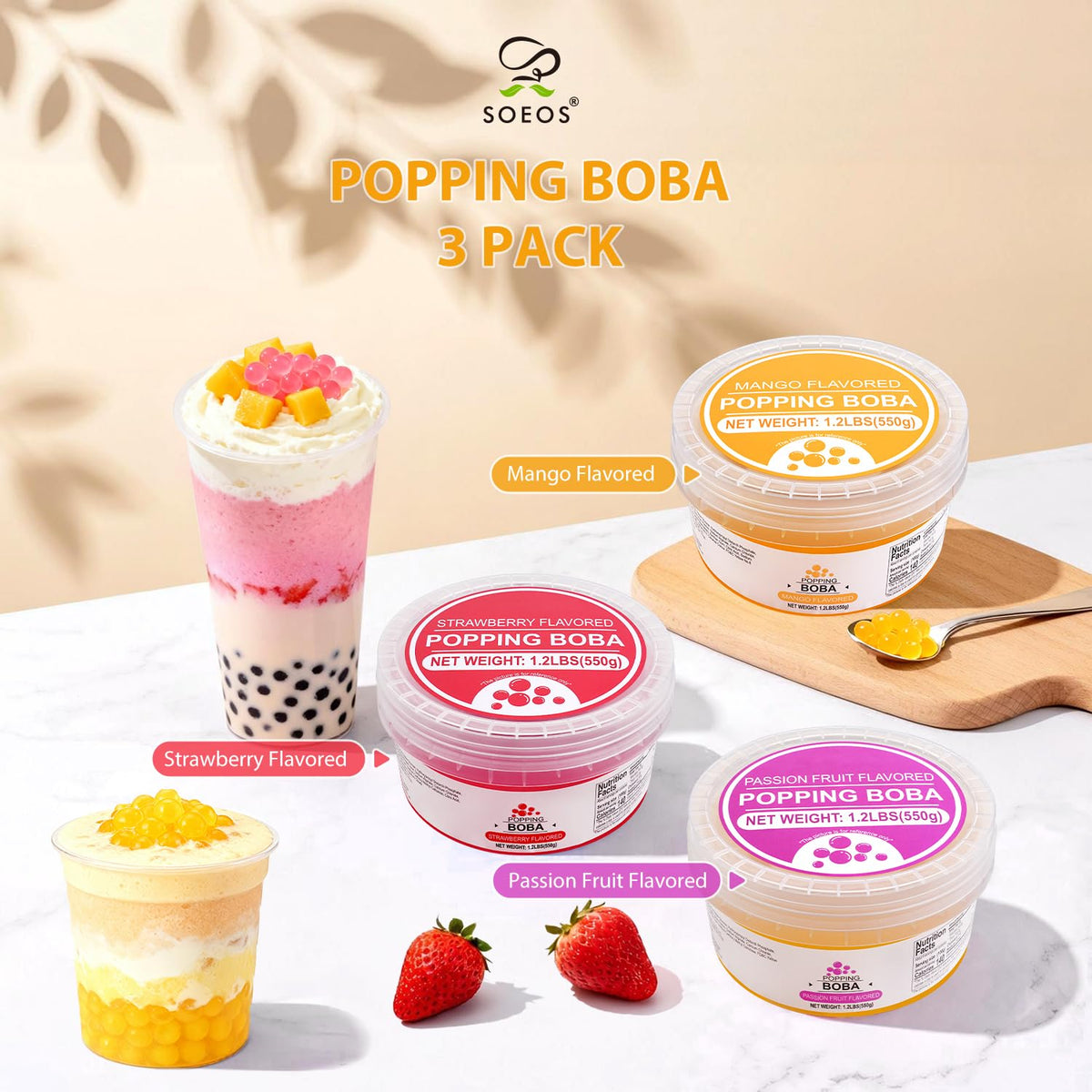 Soeos ready-to-serve popping boba closeup shows vibrant color for quick drinks.