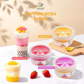 Soeos ready-to-serve popping boba closeup shows vibrant color for quick drinks.