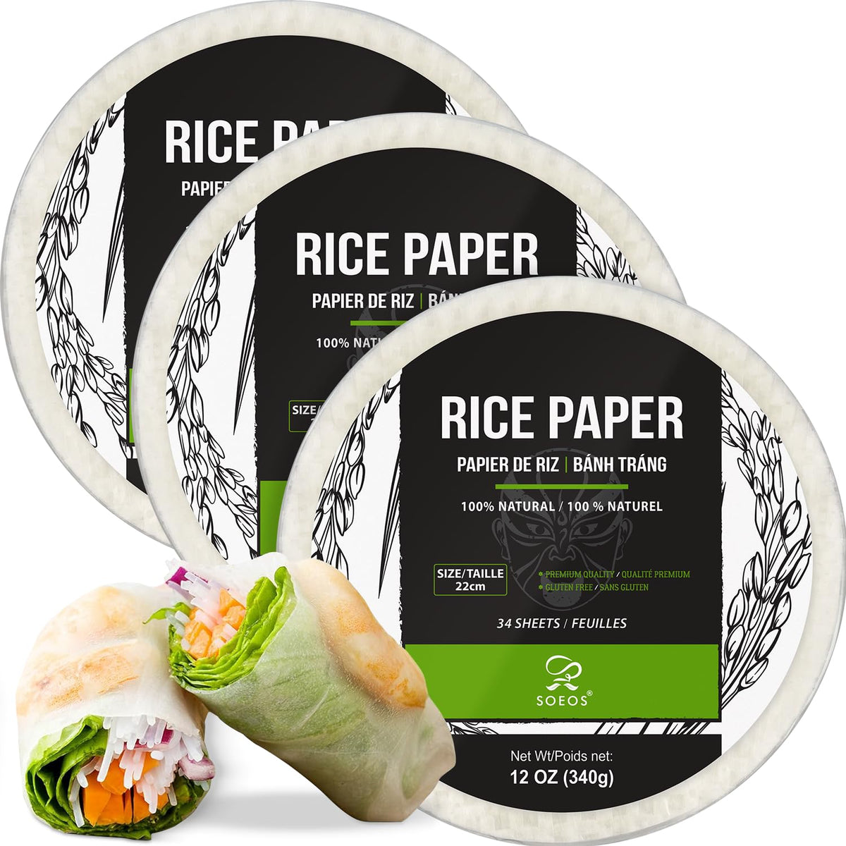 Soeos rice paper round 22cm raw, ideal for fresh spring rolls.