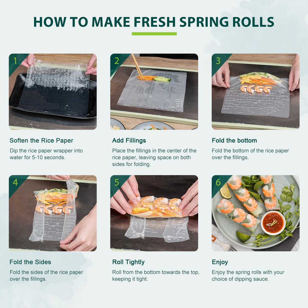 Soeos square rice paper ready for fried or fresh serving ideas.