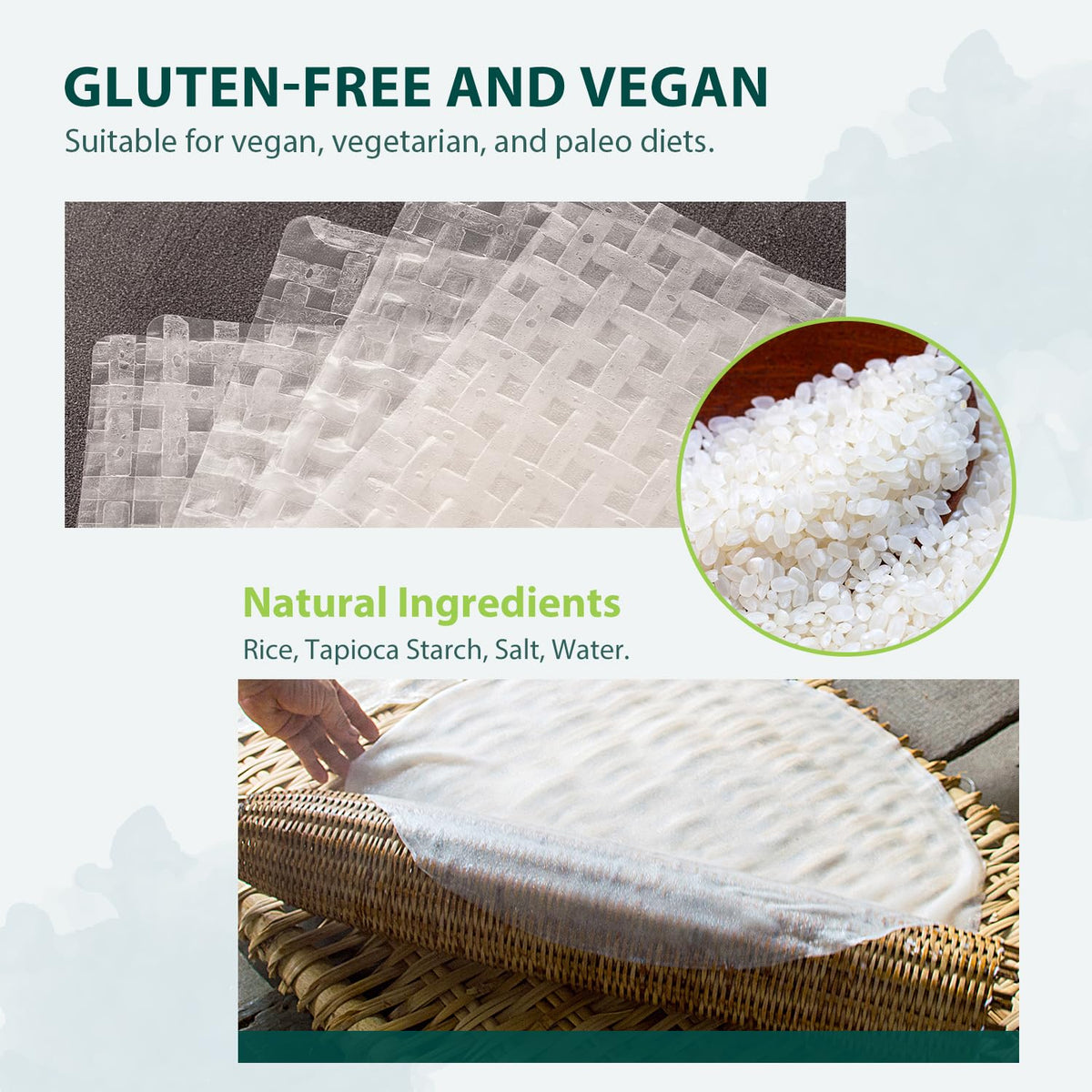 Soeos gluten-free rice paper labeling highlights dietary flexibility.