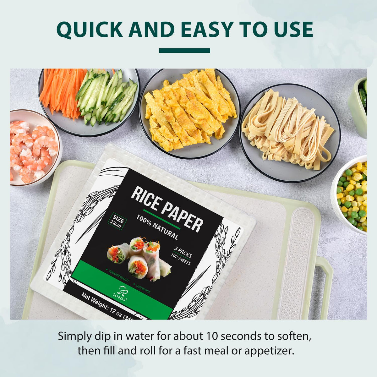 Soeos non-GMO rice paper emphasizes premium ingredients and quality.