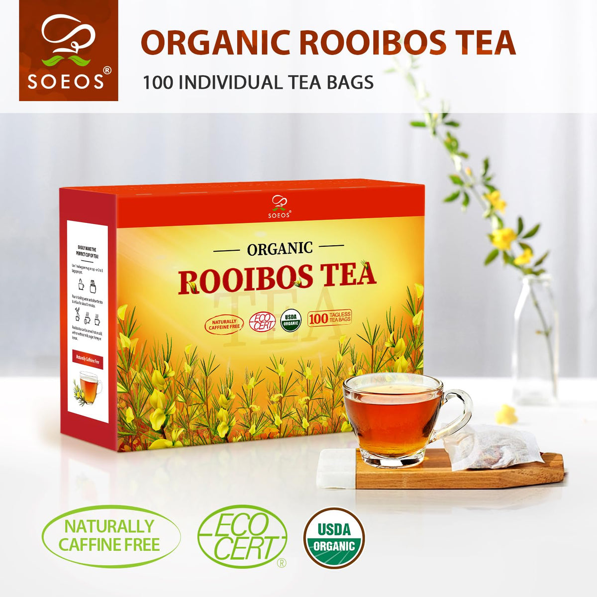 Soeos Rooibos tea in a glass mug with rich color