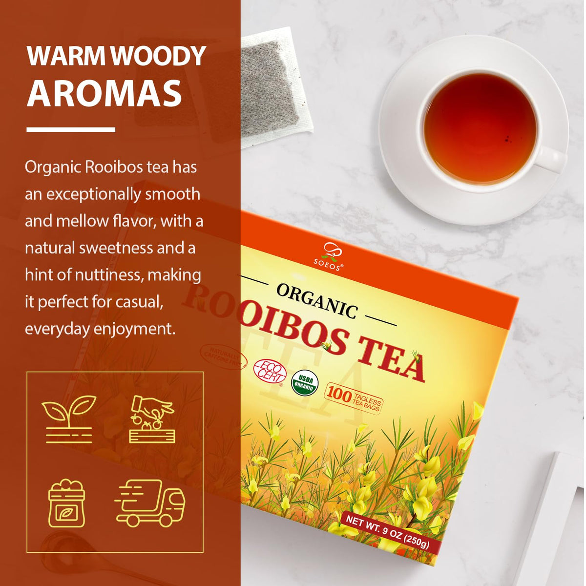Soeos Rooibos tea with lemon, highlighting bright citrus notes