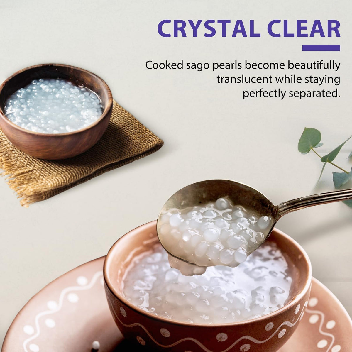 Soeos Sago Pearls dessert serving, adds satisfying chew to puddings.