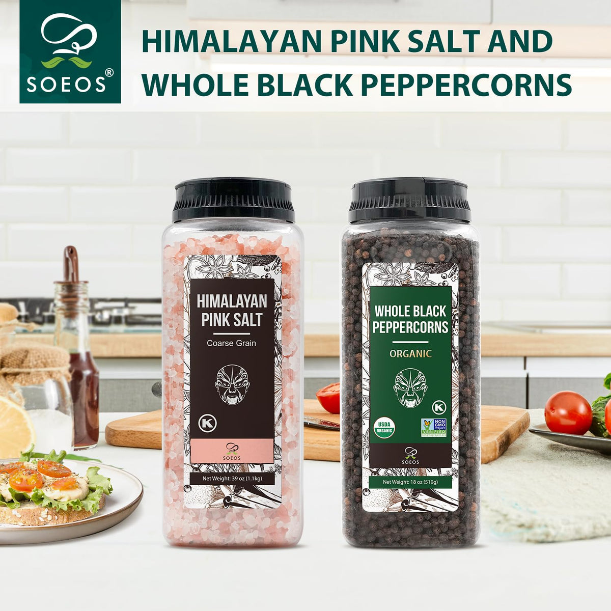 Soeos salt and pepper refill pack sealed for freshness and convenience.