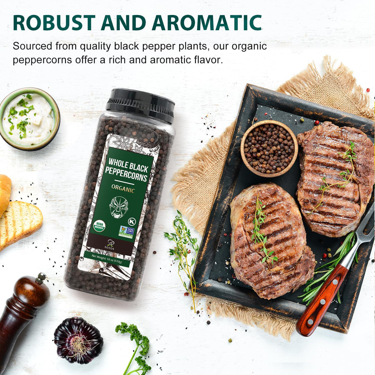 Soeos sealed glass bottle packaging keeps salt and pepper fresh.