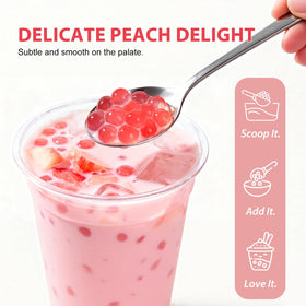 Soeos sealed resealable tub preserves peach boba flavor.