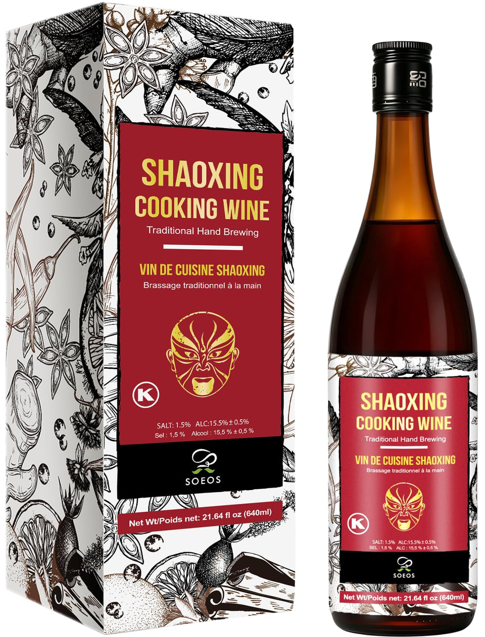 Soeos Shaoxing wine bottle sized 640ml for authentic cooking.