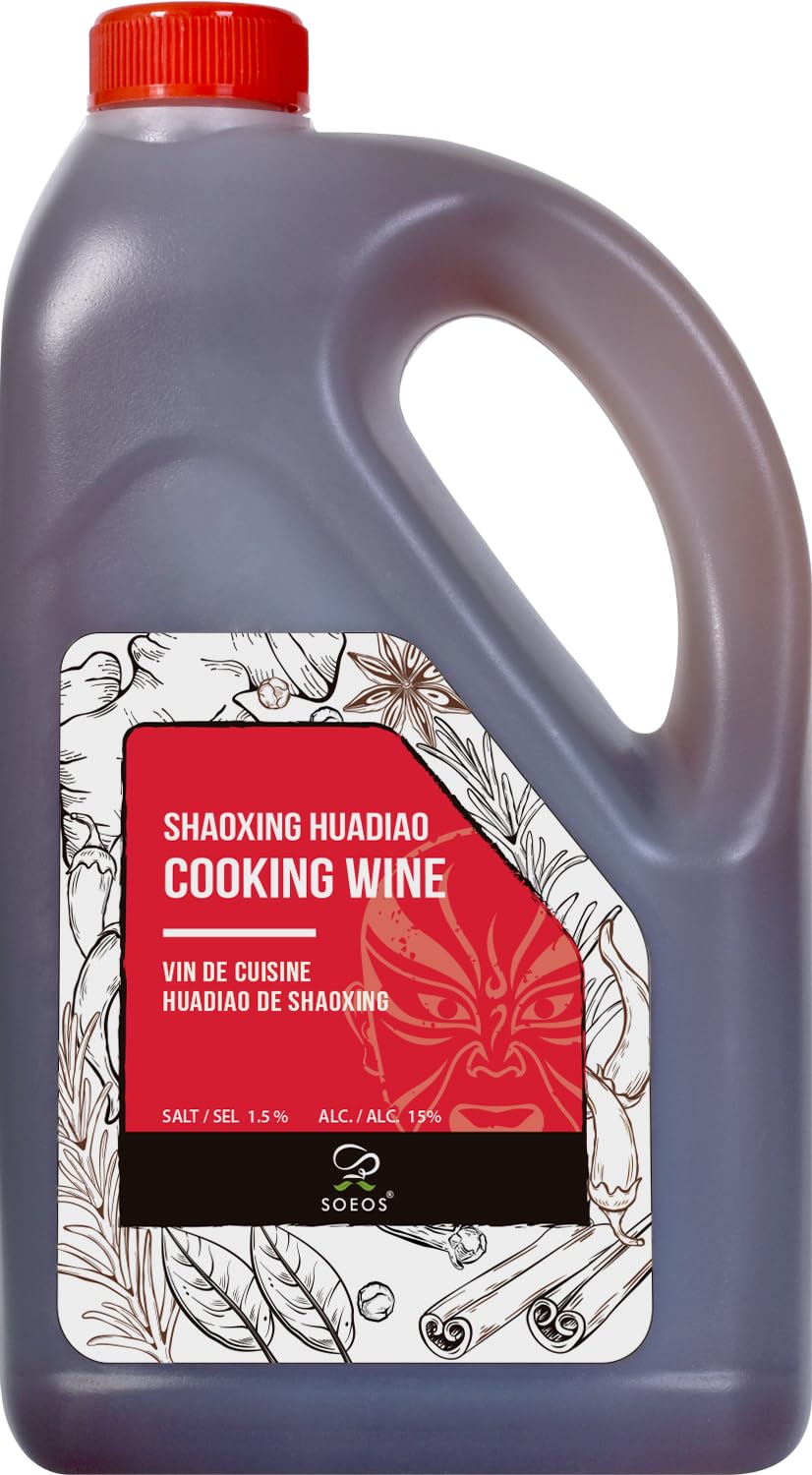 Soeos Shaoxing wine bottle closeup enhances marinades and savory dishes.