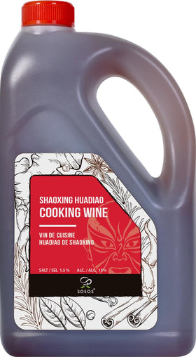 Soeos Shaoxing wine bottle closeup enhances marinades and savory dishes.