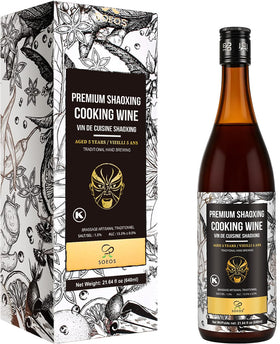 Soeos Shaoxing wine bottle pouring to boost authentic flavor.