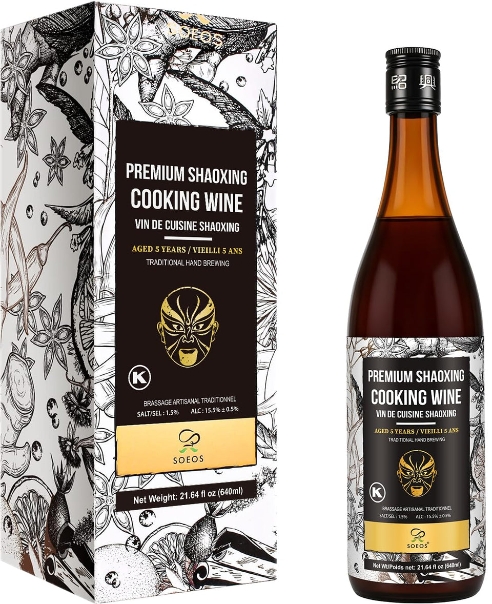 Soeos Shaoxing wine bottle pouring to boost authentic flavor.