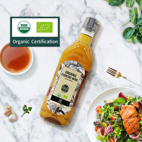 Soeos Organic Shaoxing wine served in a glass to pair with meals.