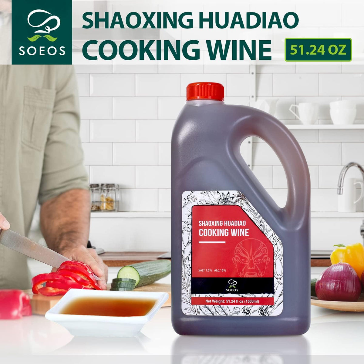 Soeos Shaoxing wine in a pan boosts authentic flavor during stir-fry.