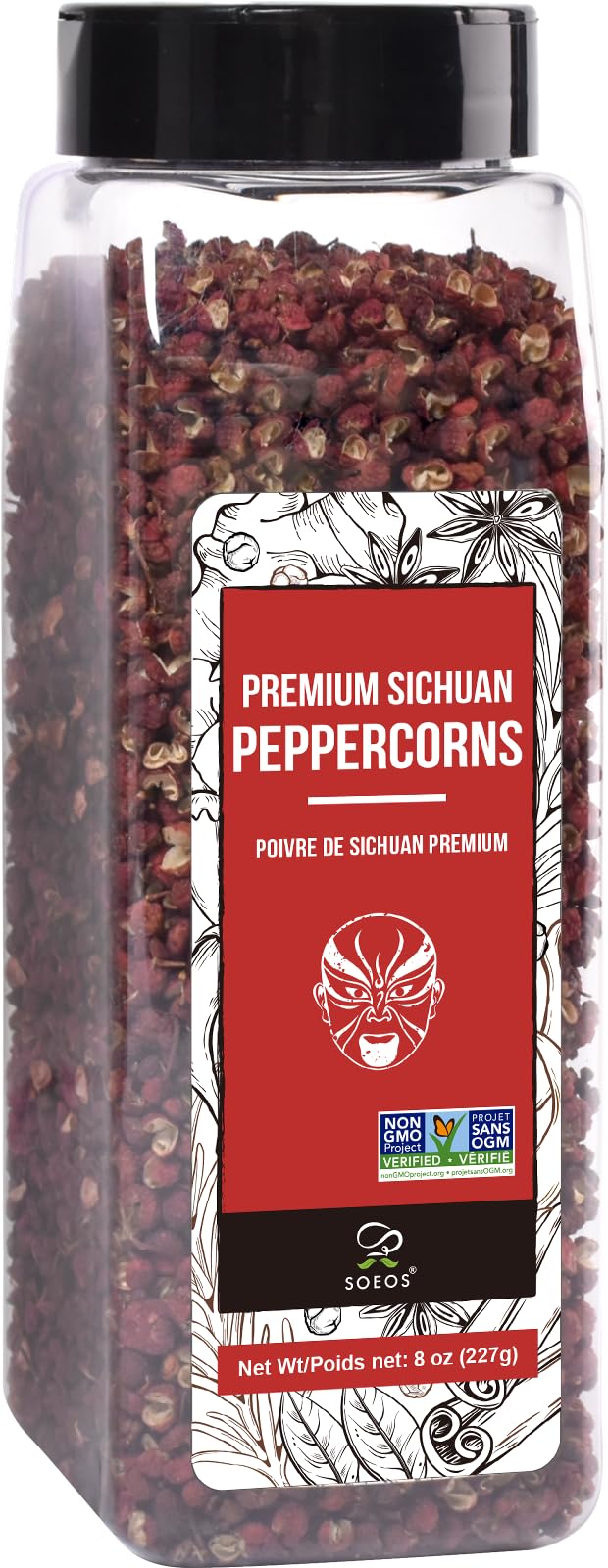 Soeos Sichuan peppercorns bottle shown for authentic flavor and aroma.