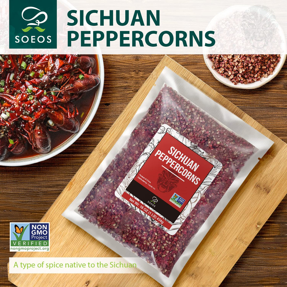 Crushed Soeos Sichuan peppercorns releasing brisk aroma in bowl