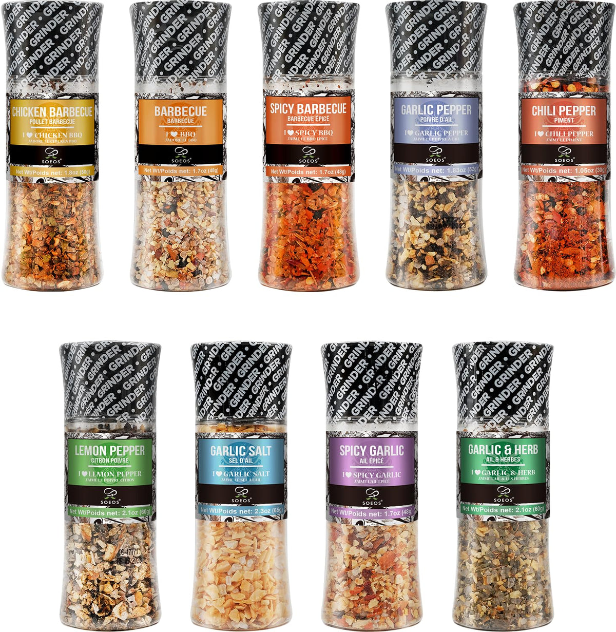 Soeos Spice Set 9-pack assembled on counter for versatile grilling flavors.