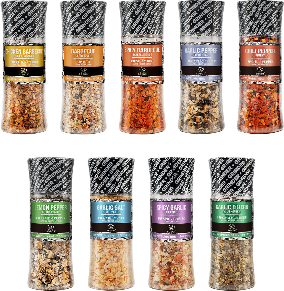 Soeos Spice Set 9-pack assembled on counter for versatile grilling flavors.